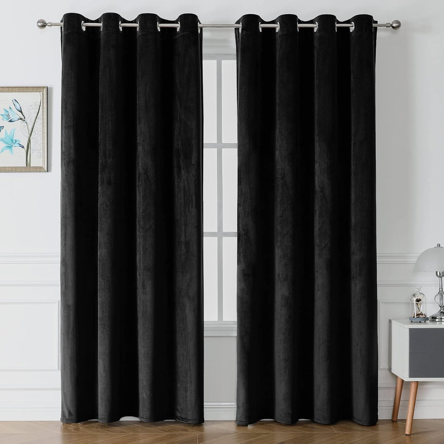 Black Velvet Curtains for Bedroom 52 x 95 inch Length Grommet Window Drapes for Living Room- 2 Panels