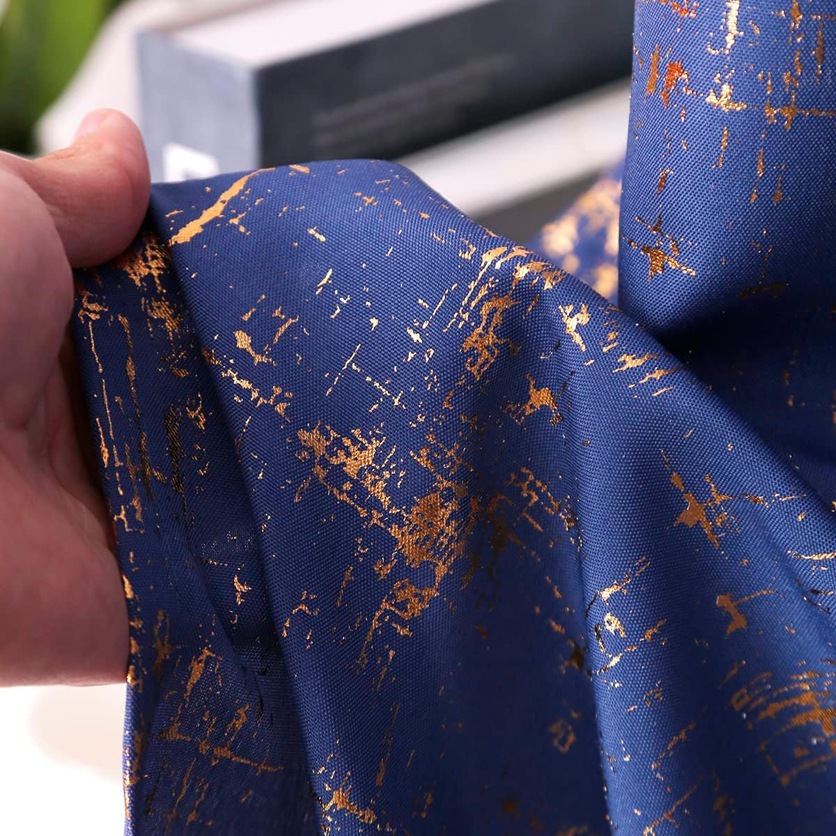 Royal Blue & Gold Foil Print Textured Curtains 2 Panels