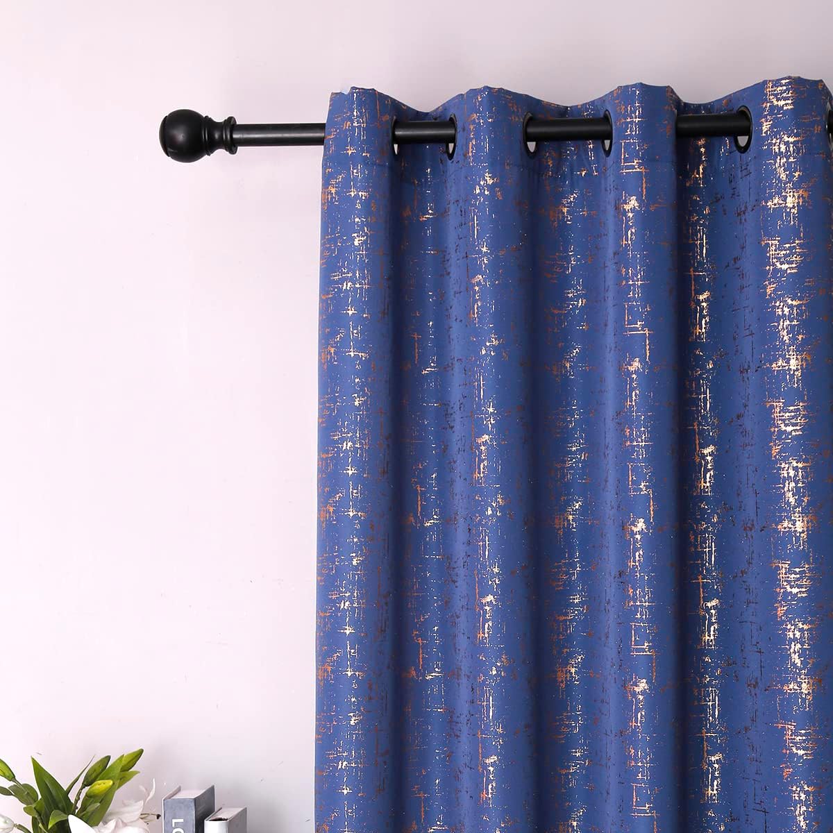 Royal Blue & Gold Foil Print Textured Curtains 2 Panels