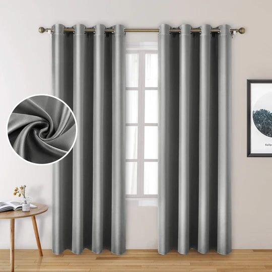 Grey Pair Of Elegant Plain Silk Curtain