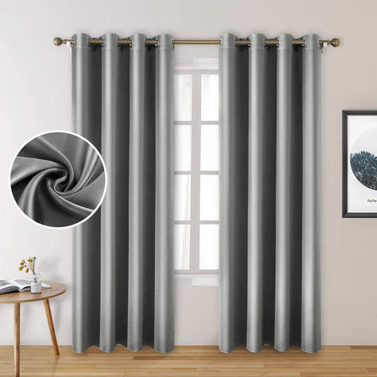 Grey Pair Of Elegant Plain Silk Curtain