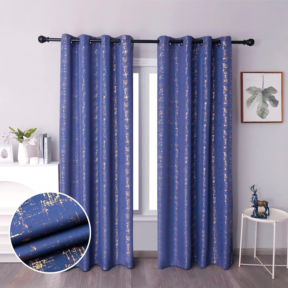 Royal Blue & Gold Foil Print Textured Curtains 2 Panels
