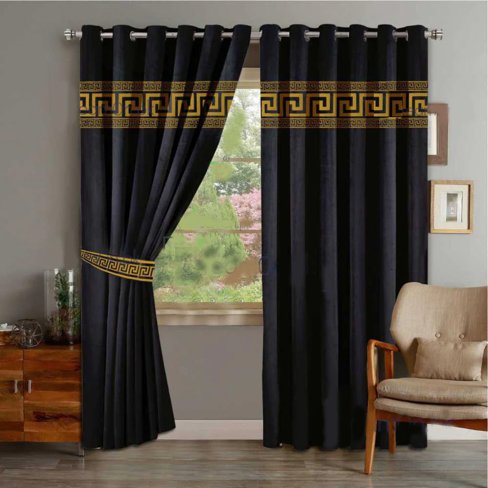 Black & Gold Laser Design Curtains with Belts - Pair