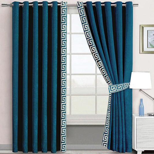 Plush Velvet Pair of Laser Versace Border Curtains With Tie Belts (Teal Blue)