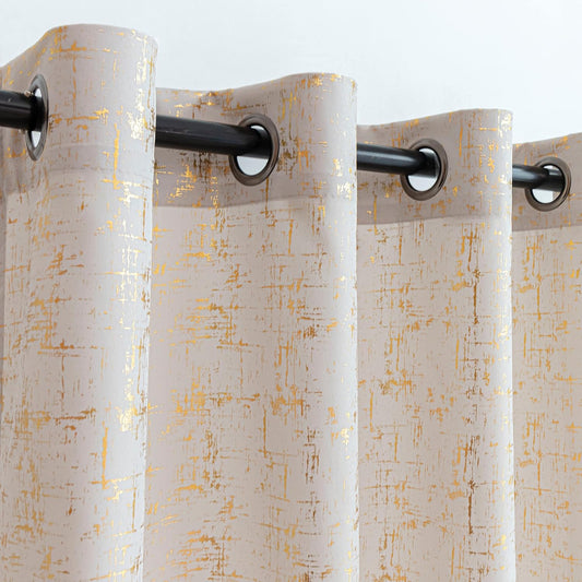 Off White & Gold Foil Print Textured Curtains 2 Panels