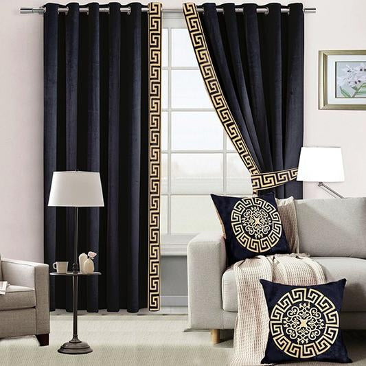 Export Quality Velvet Pair of Laser Versace Border Curtains With Tie Belts (Black)