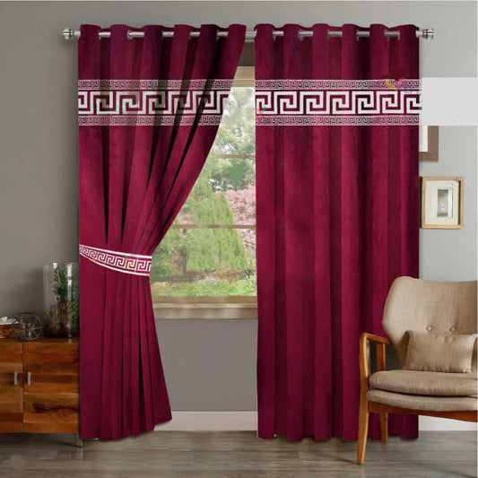 Maroon & White Laser Cut Velvet Curtains with Belts - Pair