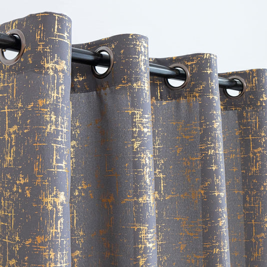 Grey Foil Printed Premium Quality Eyelet Curtains - Pair