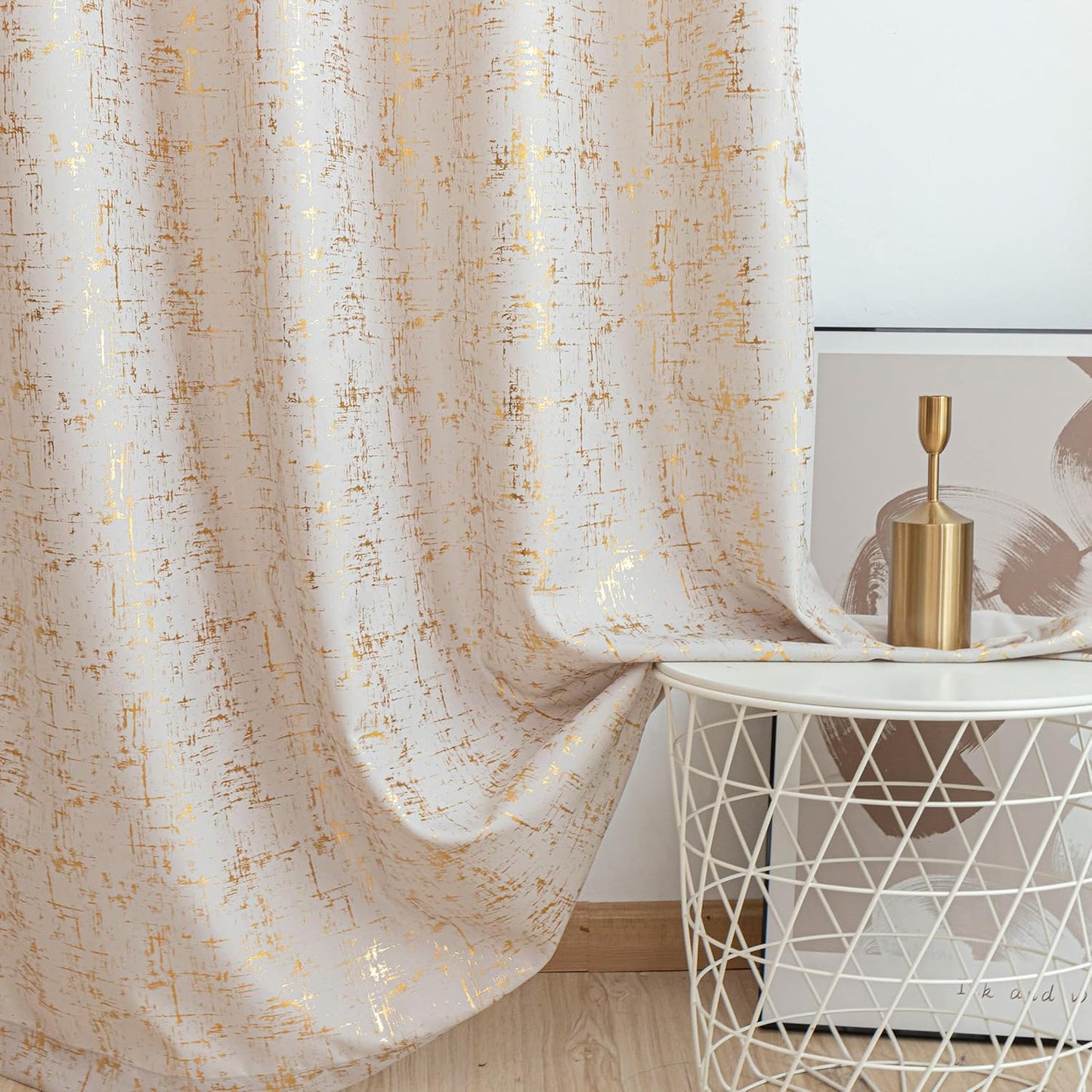 Off White & Gold Foil Print Textured Curtains 2 Panels