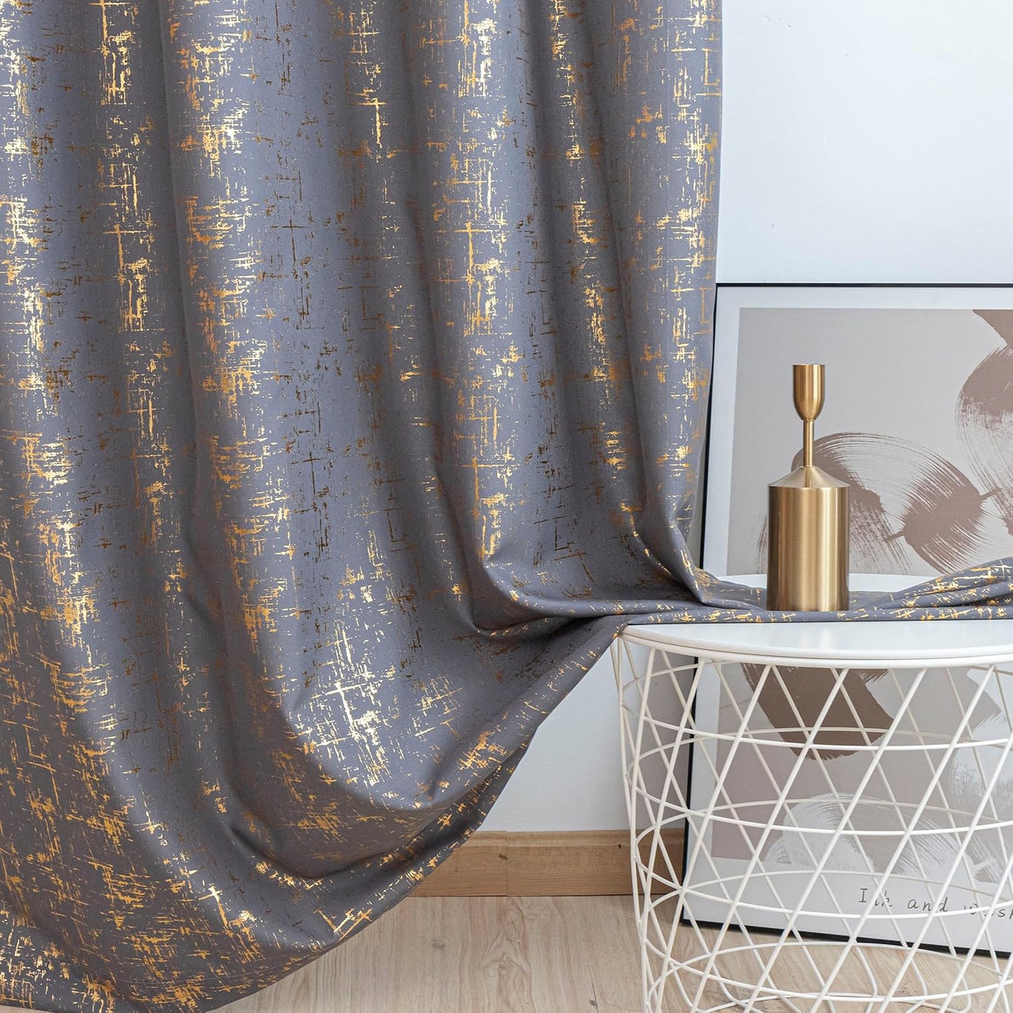 Grey & Gold Foil Print Textured Curtains 2 Panels