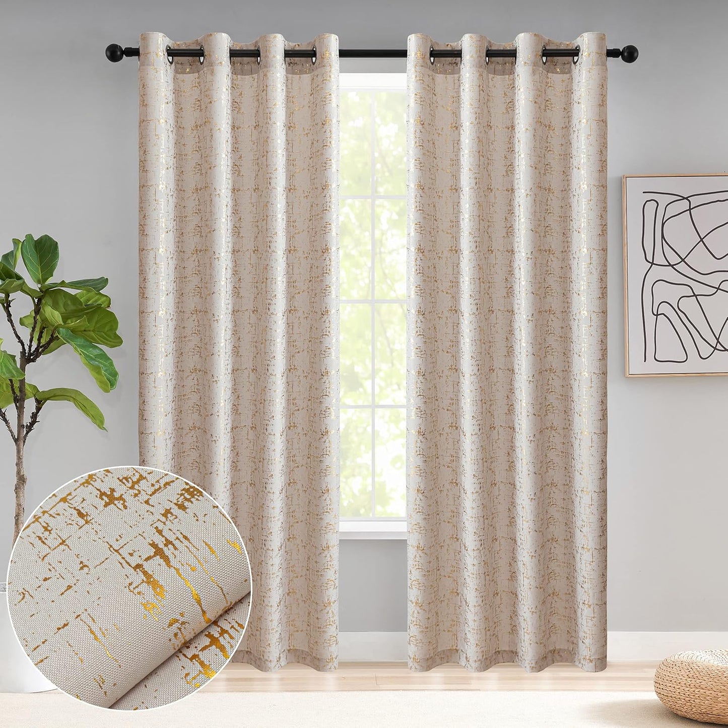 Off White & Gold Foil Print Textured Curtains 2 Panels
