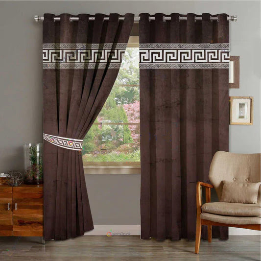 Dark Brown & White Laser Curtains with Belts - Pair