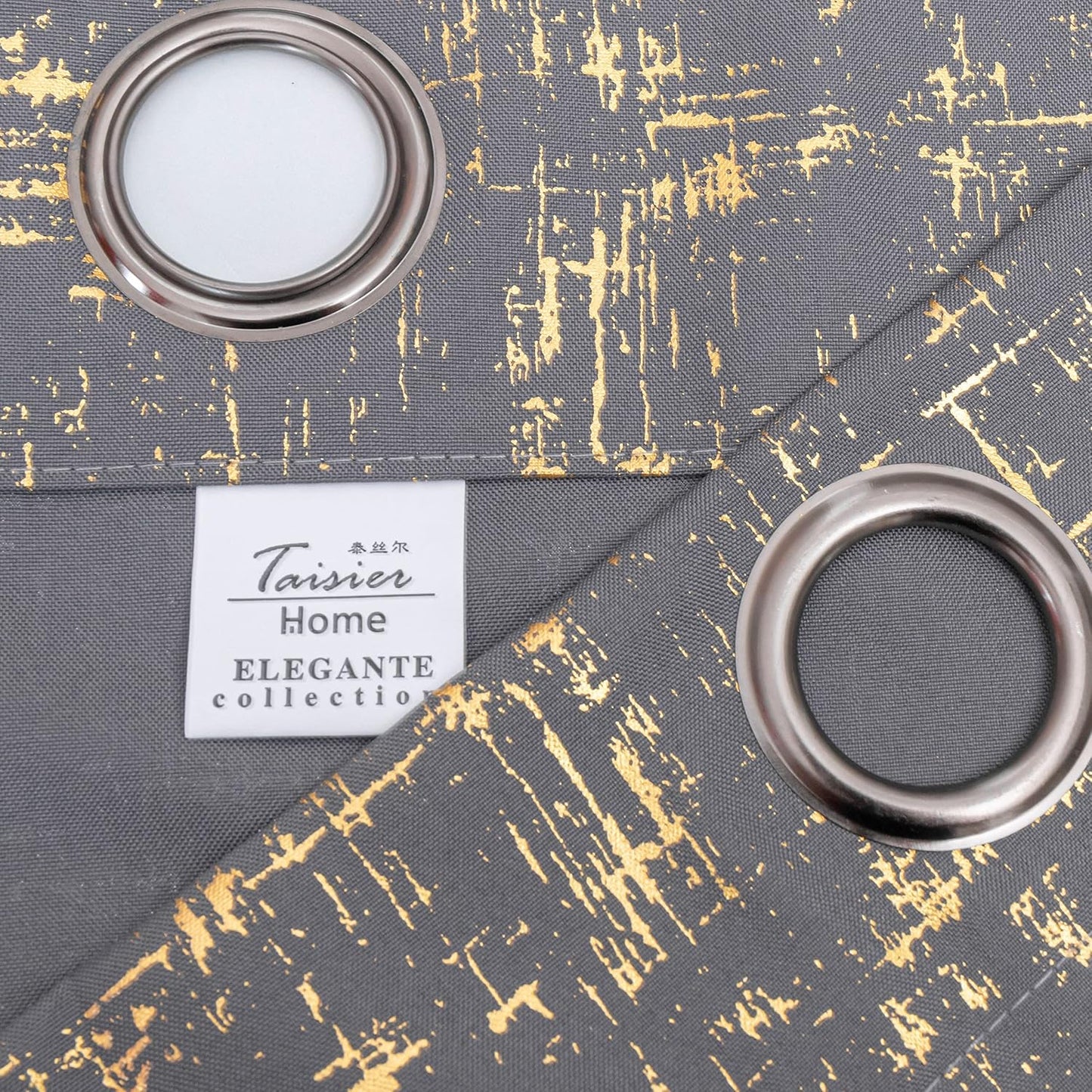 Grey & Gold Foil Print Textured Curtains 2 Panels