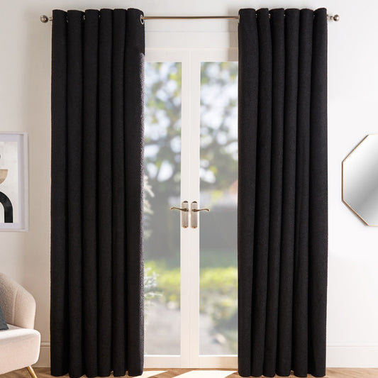 Black Boucle Textured Plain Eyelet Curtains – Set Of 2