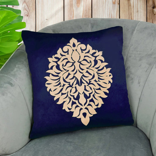 Blue Leaf Motif Velvet Cushion Cover