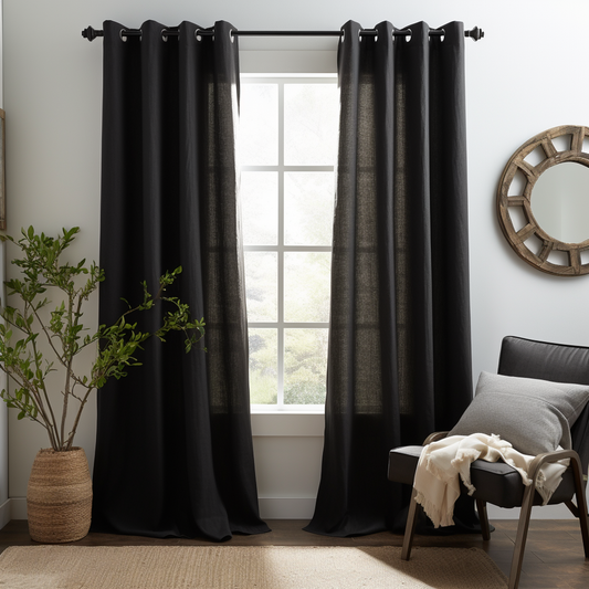 Jet Black Eyelet Style Jute Curtains - Pair