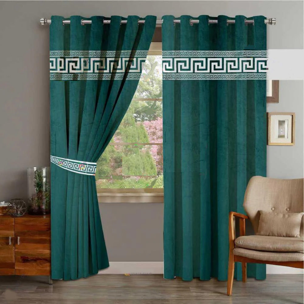 Green Laser Design Velvet Curtains With Tie Belts - Pair