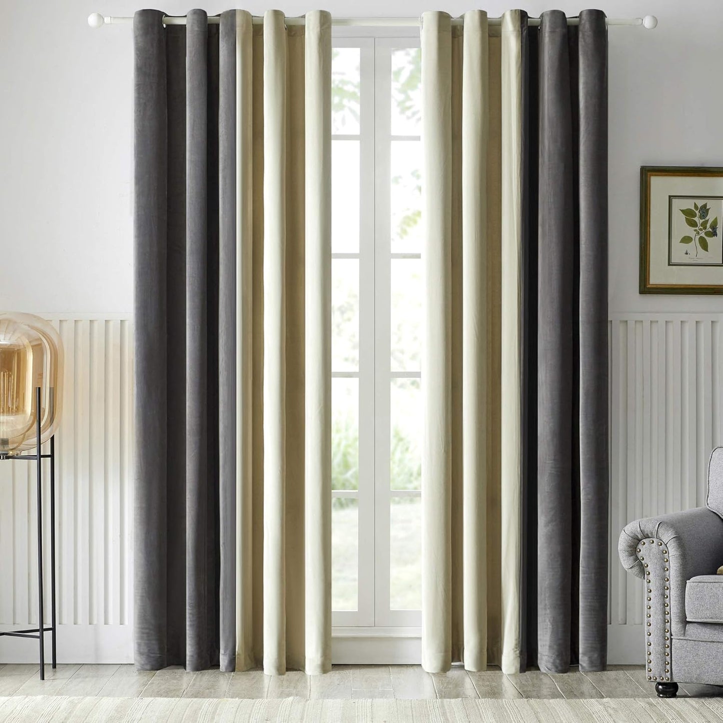 Grey Ivory Two Tone Velvet Curtains