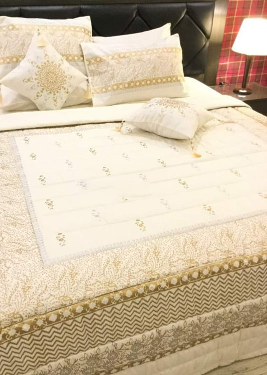 Cream Bridal 8 PC's Bedding Set (Blocks Printed Fancy Bedding)