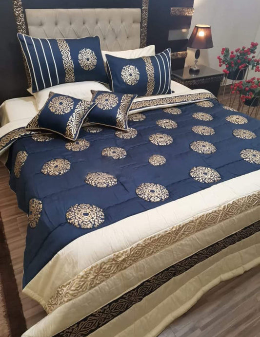 Navy Blue Bridal 8 PC's Bedding Set (Blocks Printed Fancy Bedding)