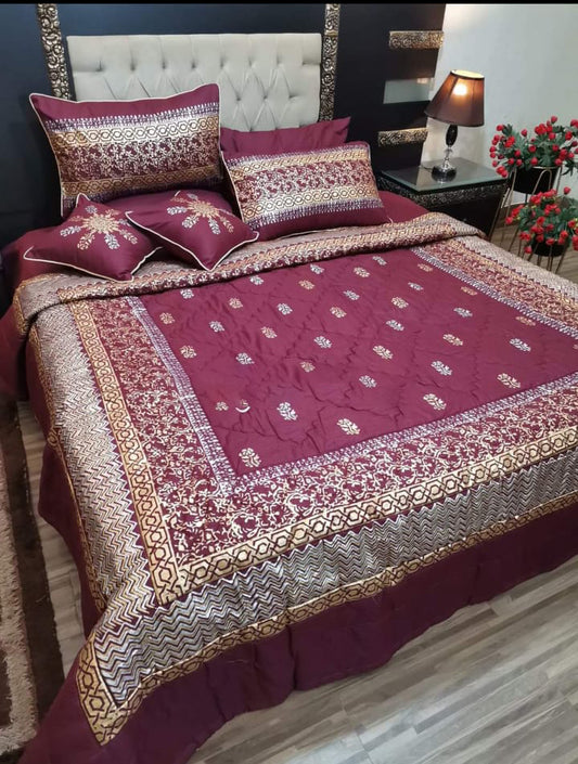 Maroon Bridal 8 PC's Bedding Set (Blocks Printed Fancy Bedding)