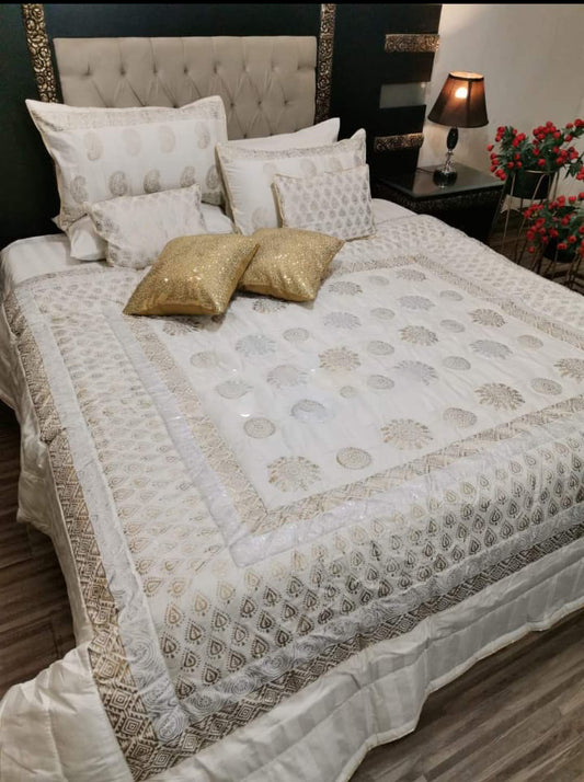 Off White Bridal 8 PC's Wedding Set (Blocks Printed Fancy Bedding)