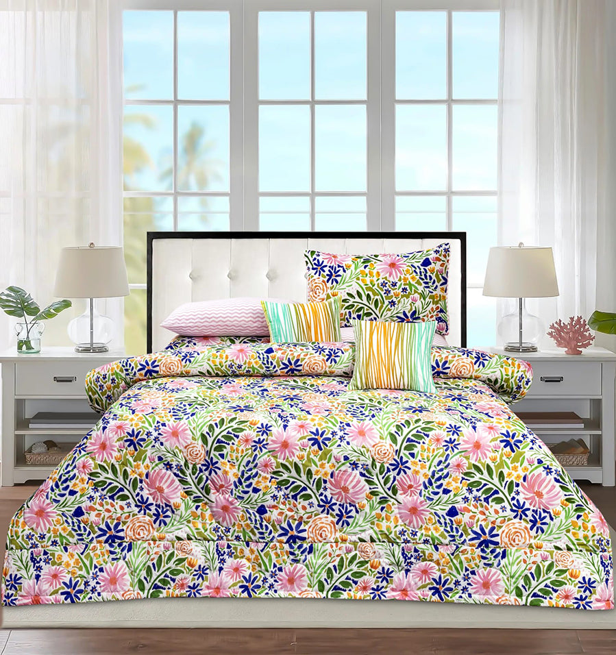 Floral Printed King Size Bed Comforter & Flat Sheet Set