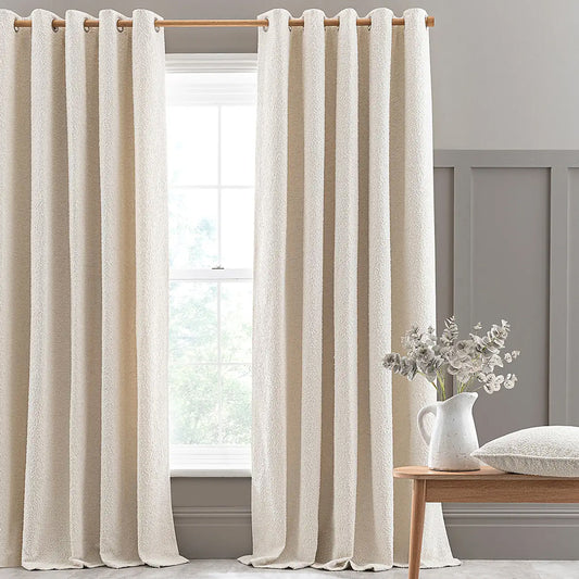 Ivory Boucle Textured Plain Eyelet Curtains – Set Of 2