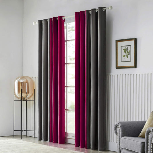 Grey Maroon Two Tone Velvet Curtains