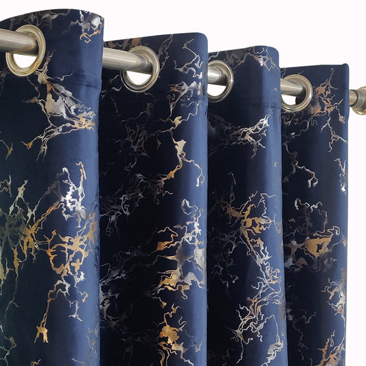 Navy Blue Gold Patterned Velvet Eyelet Curtain - Single Panel