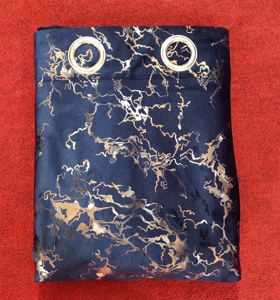 Navy Blue Gold Patterned Velvet Eyelet Curtain - Single Panel