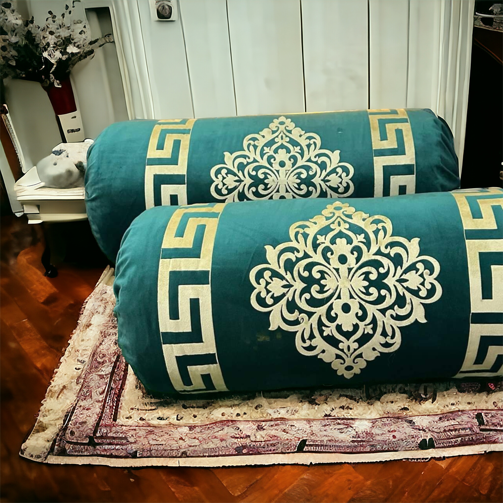 Green Velvet Round Pillow Cover Bolster Case - Pack of 2