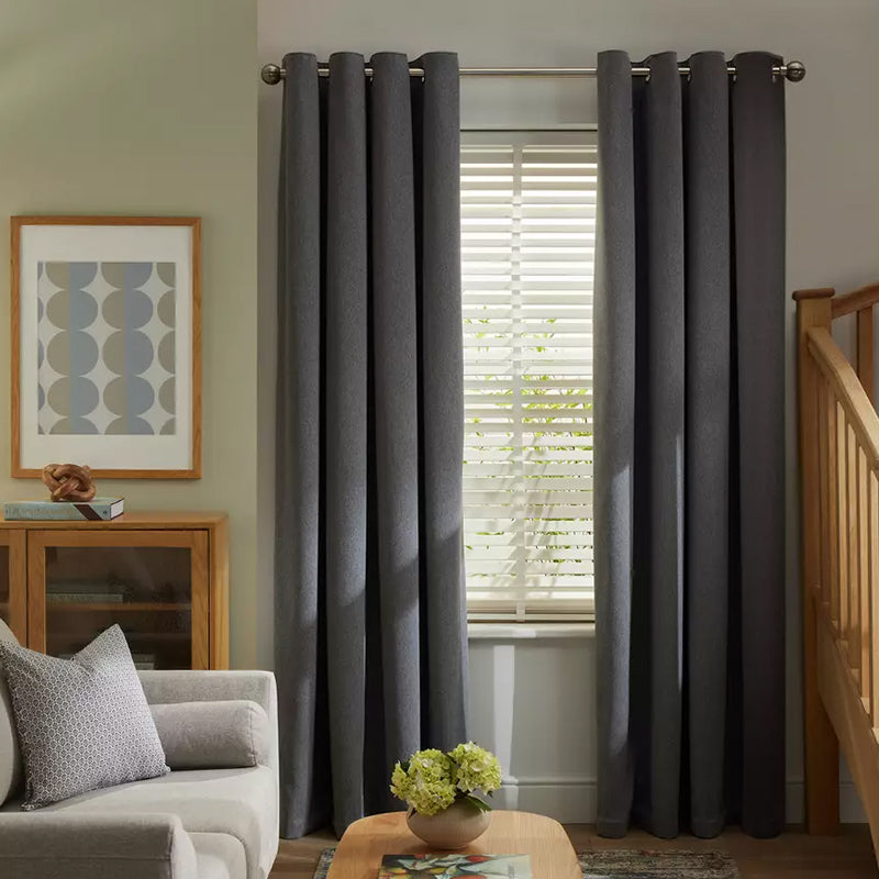 Grey Thick Plain Jute Room Darkening Blackout Lined Curtains – Set Of 2 Panels