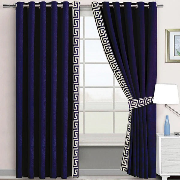 Premium Velvet Pair of Laser Versace Border Curtains With Tie Belts (Navy Blue)