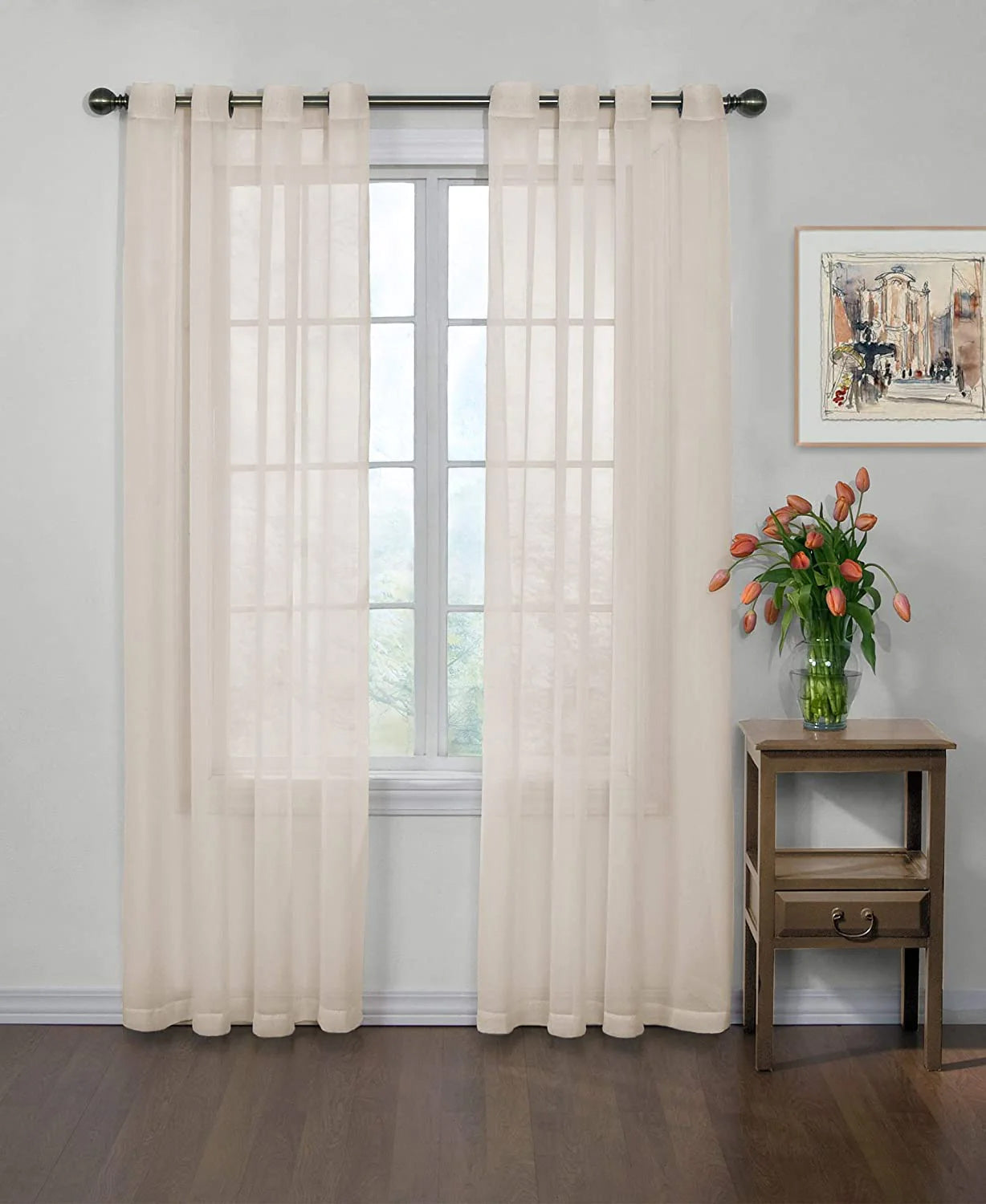 Beige Net Chiffon Curtain - Pair