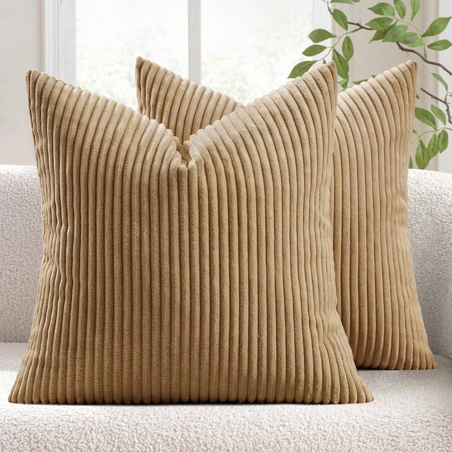 Pack of 2 Beige Corduroy Striped Velvet Cushion Covers for Sofa and Living Room