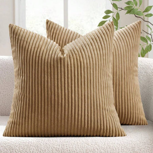 Pack of 2 Beige Corduroy Striped Velvet Cushion Covers for Sofa and Living Room