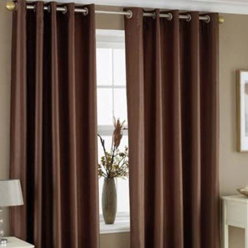 Brown Pair Of Elegant Plain Silk Curtain