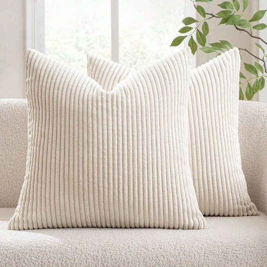 Pack of 2 Cream Corduroy Striped Velvet Cushion Covers for Sofa and Living Room