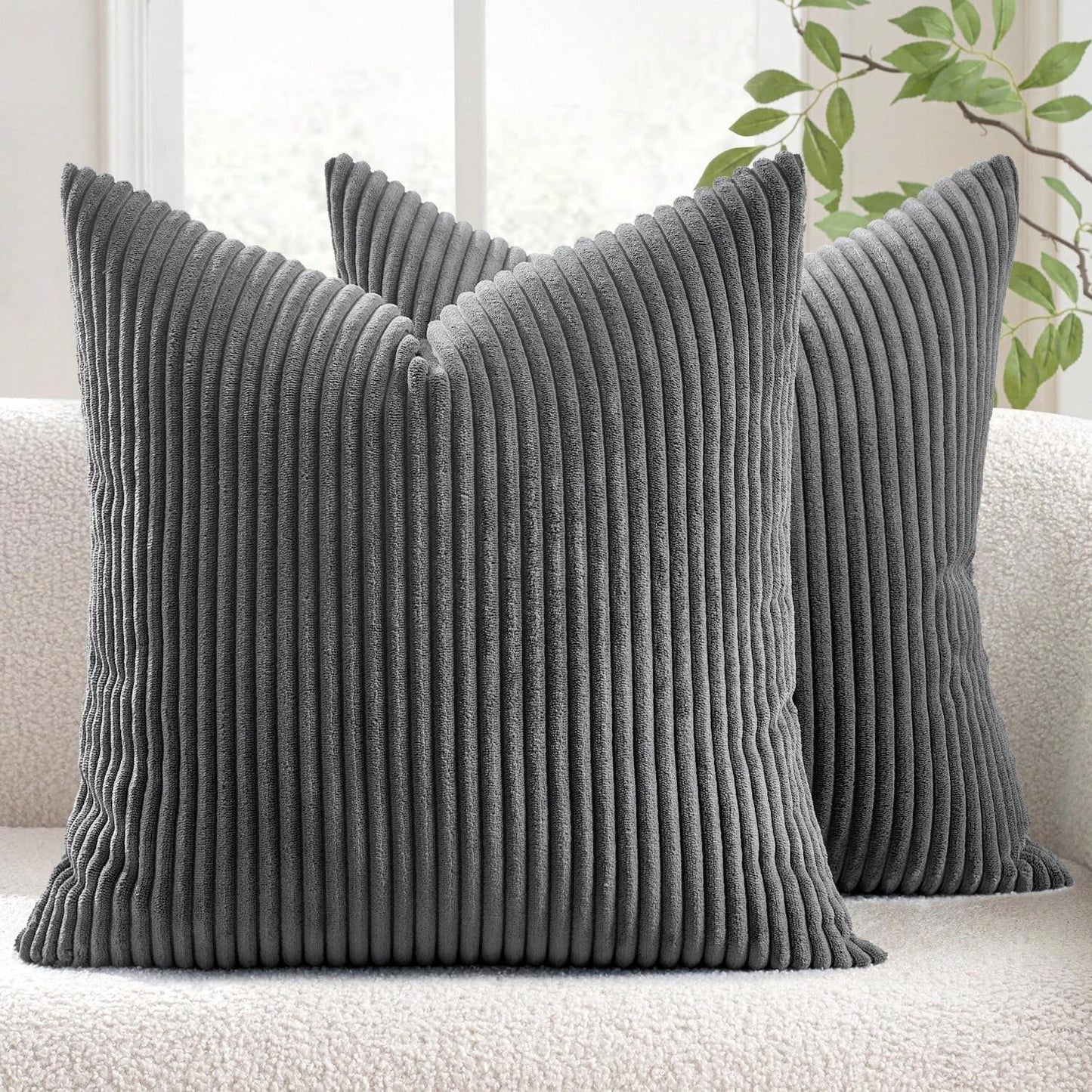 Pack of 2 Dark Grey Corduroy Striped Velvet Cushion Covers for Sofa and Living Room
