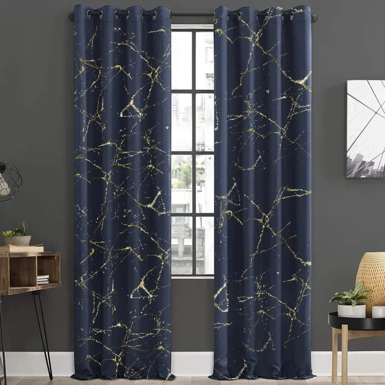 Blue Gold Pattern Velvet Curtains - Pair