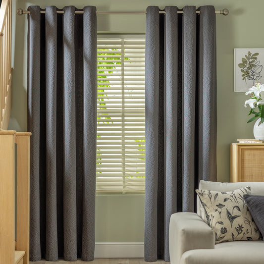 Dark Grey Boucle Textured Plain Eyelet Curtains – Set Of 2