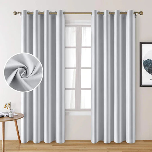 Greyish White Pair Of Elegant Plain Silk Curtain