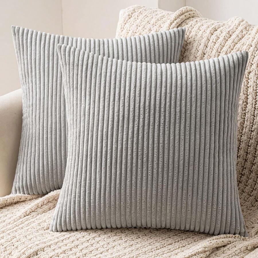 Pack of 2 Light Grey Corduroy Striped Velvet Cushion Covers for Sofa and Living Room