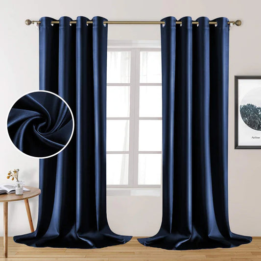 Navy Blue Pair Of Elegant Plain Silk Curtain