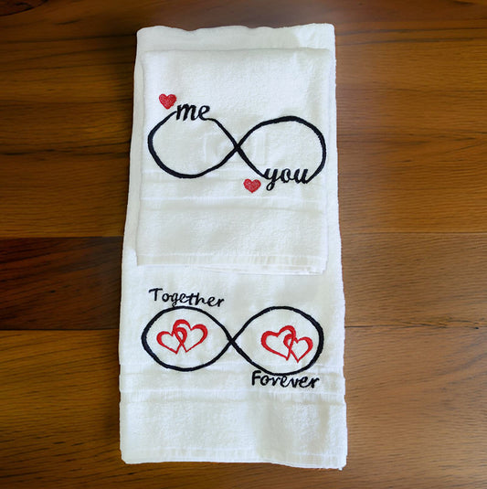 White Embroidered Couple Valentines Gift Wedding Towel Set - Pair