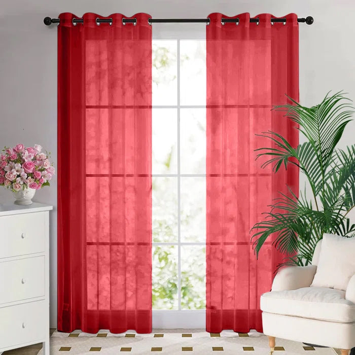 Red Eyelet Chiffon Curtains Pair