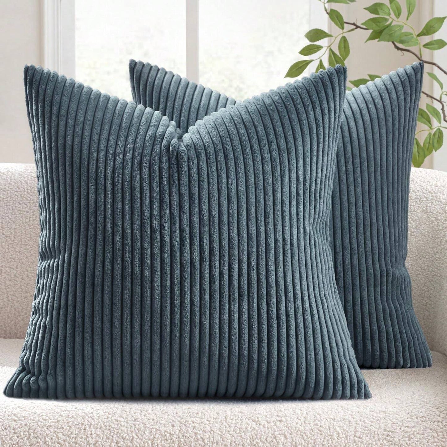 Pack of 2 Teal Grey Corduroy Striped Velvet Cushion Covers for Sofa and Living Room