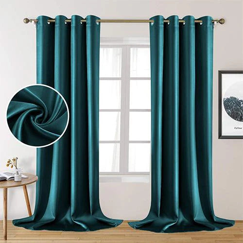 Teal Green Pair Of Elegant Plain Silk Curtain